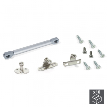 Pistón a gas para puertas abatibles, fuerza 12 kg, recorrido 80 mm, con enganches, Gris metalizado, 10 ud.