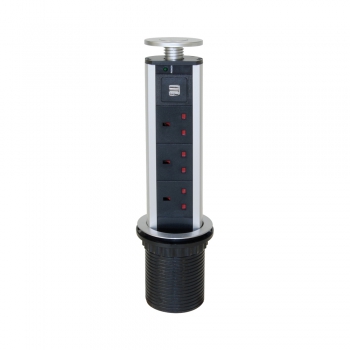 Regleta de 3 enchufes con 2 usb, de empotrar, retráctil, enchufe tipo G, Plástico, Gris metalizado
