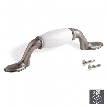 Tiradores para mueble, intereje 76 mm, Zamak y cerámica, Plata vieja, 20 ud.
