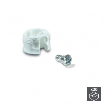 Enganche de unión para estantes, D. 20 mm, 13 mm, + Pernos D. 4,2 mm, Plástico y acero, Blanco, 20 ud.