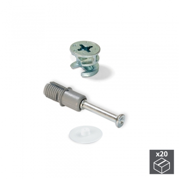 Excéntrica + perno expandible, D.15 mm, tablero 19 mm, Zamak y Acero, Blanco, 20 ud.