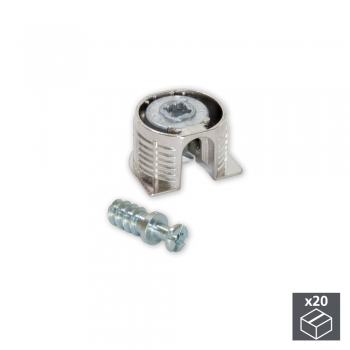 Enganches para fijación estantes, D. 20 mm, 12,5 mm, + Pernos D. 6, 11 mm, Zamak y Acero, Niquelado, 20 ud.