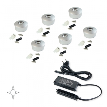 Luz LED interior de armario, D. 29,5 mm, convertidor 6 W, Luz blanca natural, Plástico, Gris metalizado, 6 ud.