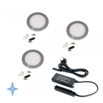 Luz LED, D. 68 mm, diseño extrafino, convertidor 15 W, Luz blanca fría, Aluminio y plástico, Gris metalizado, 3 ud.