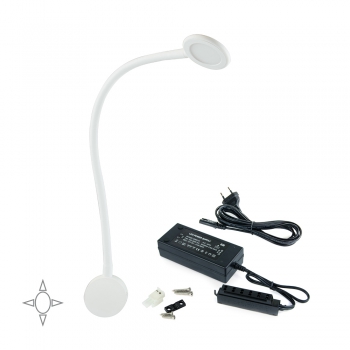 Aplique LED, redondo, brazo flexible, sensor táctil, 2 USB, Luz blanca natural, Plástico, Blanco + Convertidor 30W