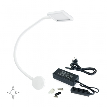 Aplique LED, cuadrado, brazo flexible, sensor táctil, 2 USB, Luz blanca natural, Plástico, Blanco + convertidor 30W