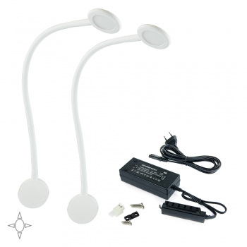 Aplique LED, redondo, brazo flexible, sensor táctil, 2 USB, Luz blanca natural, Plástico, Blanco + Convertidor 50W, 2 ud.