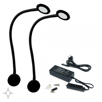 Aplique LED, redondo, brazo flexible, sensor táctil, 2 USB, Luz blanca natural, Plástico, Negro + Convertidor 50W, 2 ud.