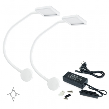 Aplique LED, cuadrado, brazo flexible, sensor táctil, 2 USB, Luz blanca natural, Plástico, Blanco + convertidor 50W, 2 ud.
