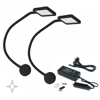 Aplique LED, cuadrado, brazo flexible, sensor táctil, 2 USB, Luz blanca natural, Plástico, Negro + convertidor 50W, 2 ud.