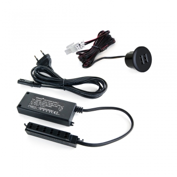 Conector redondo, para encastrar en el mueble, 2 entradas USB, D. 37 mm, Plástico, Negro