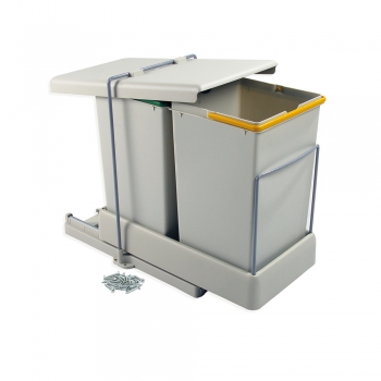 Contenedor de reciclaje, fijación inferior, extración y tapa automatica, 2 cubos de 14 litros, Plástico, Gris