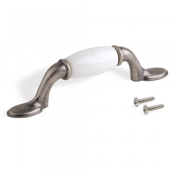 Tiradores para mueble, intereje 76 mm, Zamak y cerámica, Plata vieja