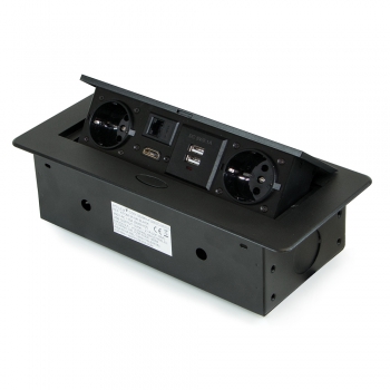 Multiconector de mesa, 2 USB +1 HDMI + 2 enchufes EU, 265x120 mm, Acero y aluminio, Negro
