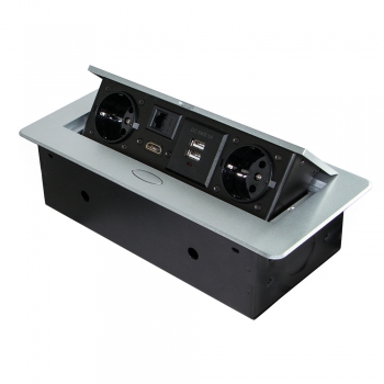 Multiconector de mesa, 2 USB +1 HDMI + 2 enchufes EU, 265x120 mm, Acero y aluminio, color aluminio
